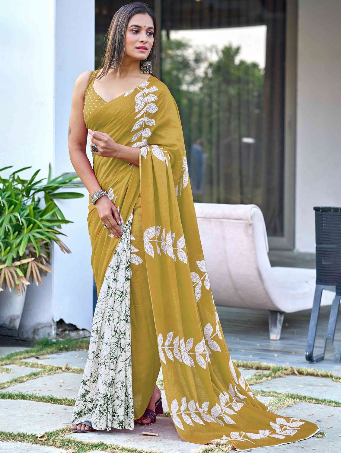 women printed half & half saree with blouse