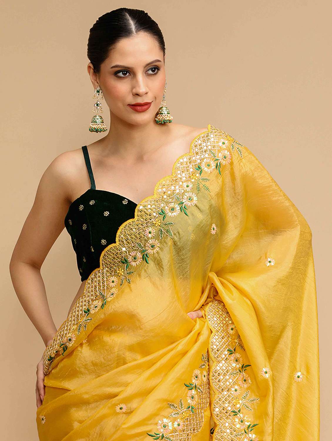 women solid with work embroidered saree with blouse - 22021404 -  Standard Image - 3
