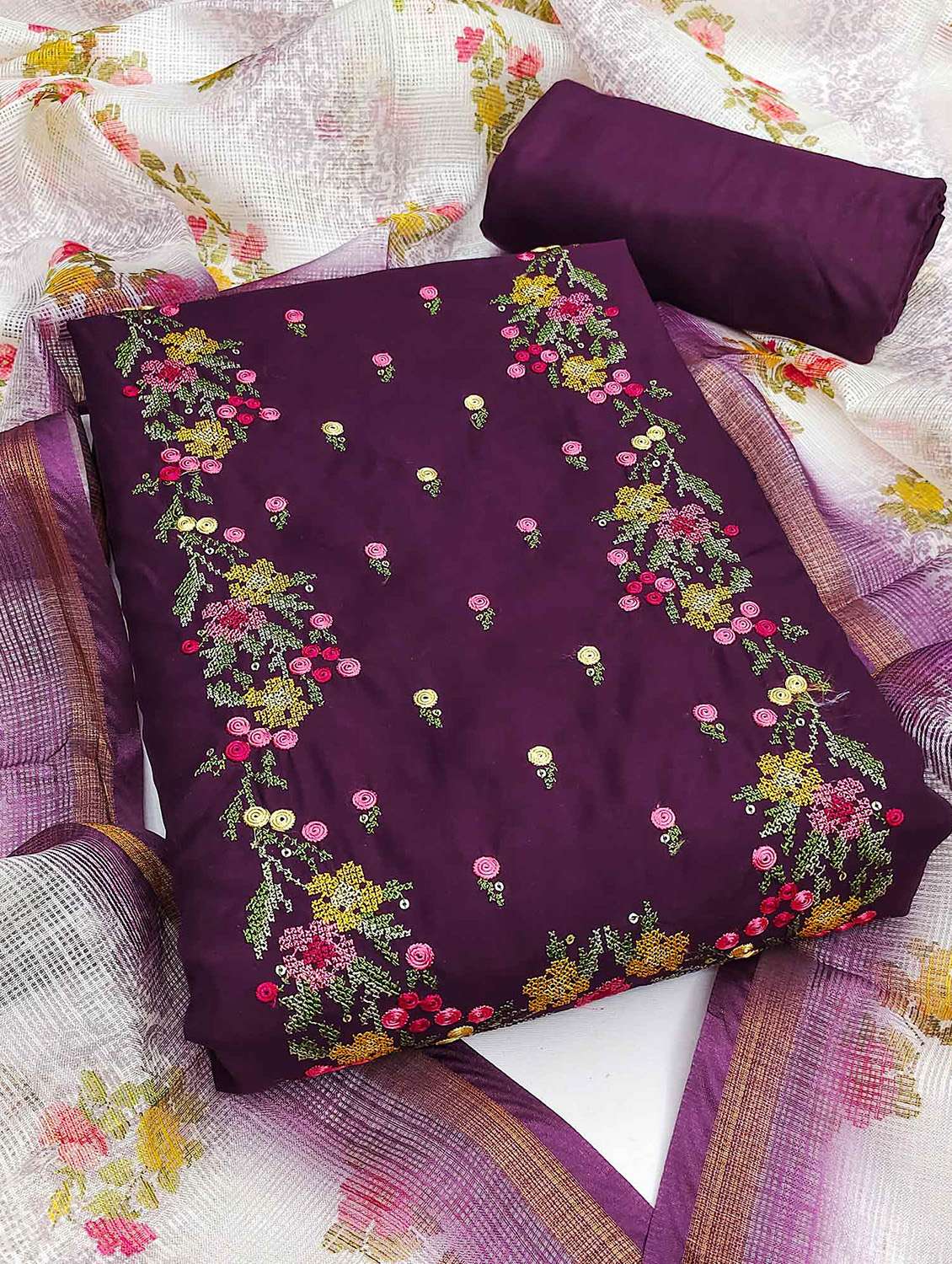 women solid with work embroidered unstitched suit set - 22021454 - Zoom Image - 0