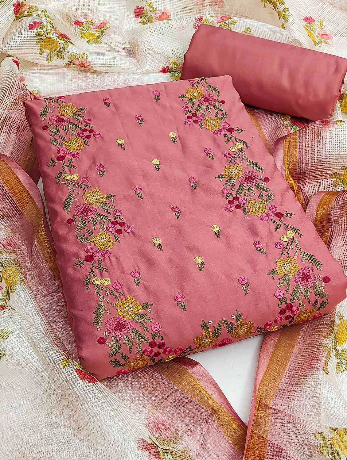 women solid with work embroidered unstitched suit set - 22021456 - Zoom Image - 0