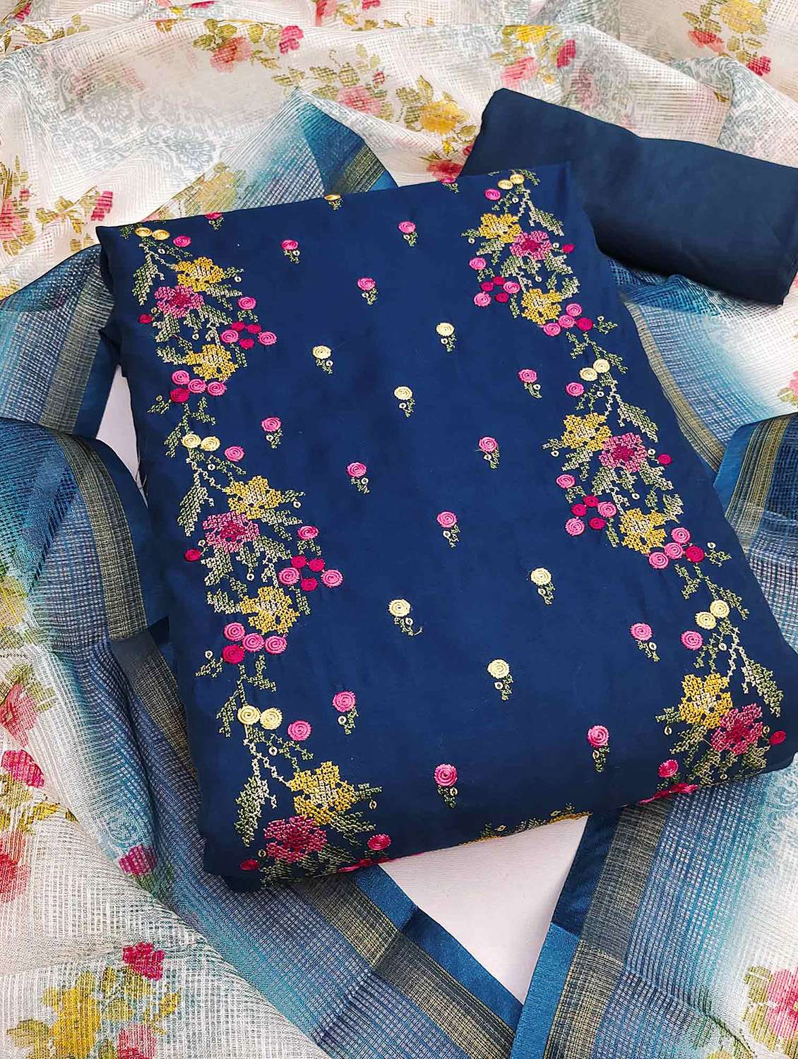 women solid with work embroidered unstitched suit set