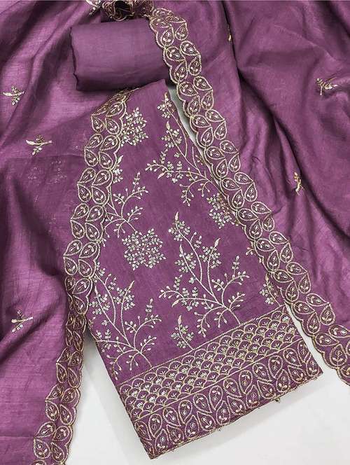 women solid with work embroidered unstitched suit set - 22021638 - Standard Image - 0