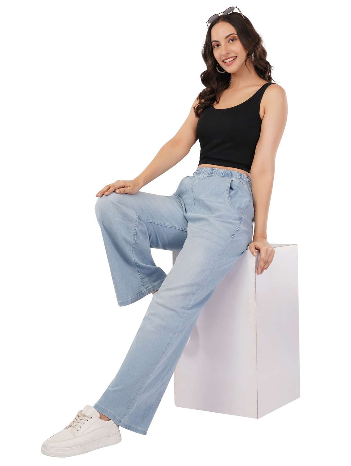 women solid high rise wide leg denim trouser - 22021657 -  Standard Image - 3