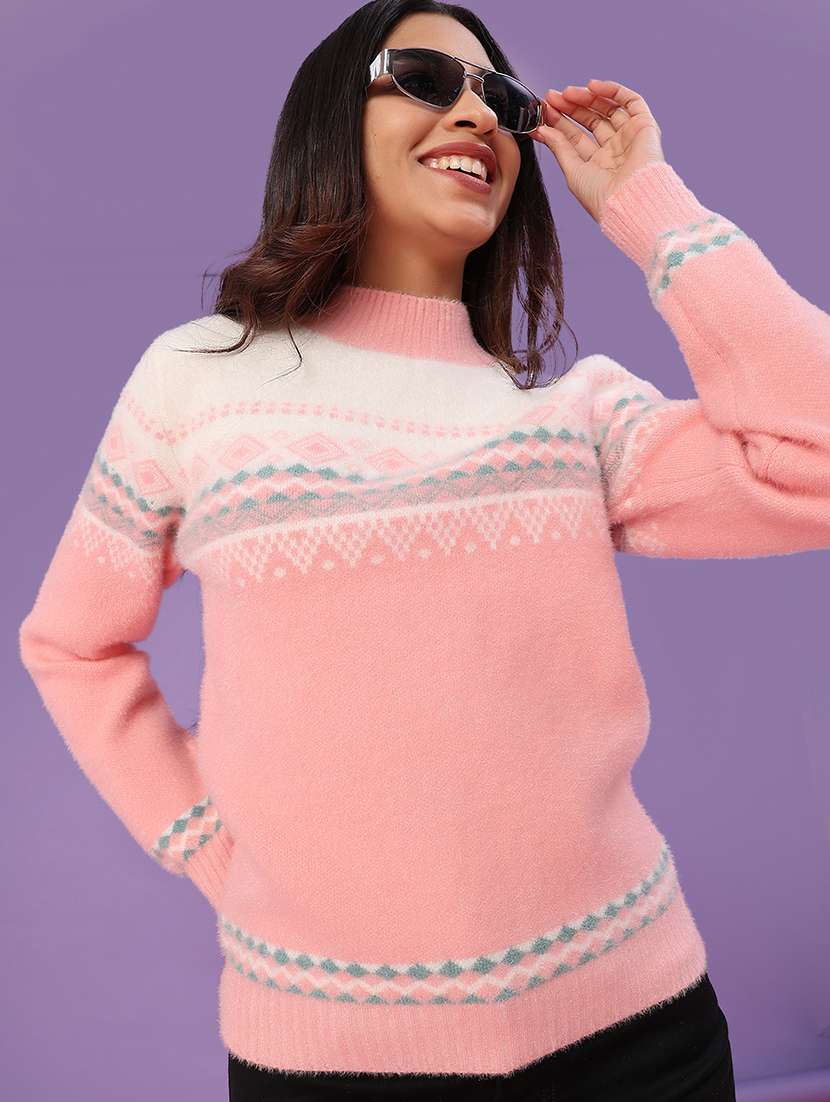 women self design long sleeve waist length pullover