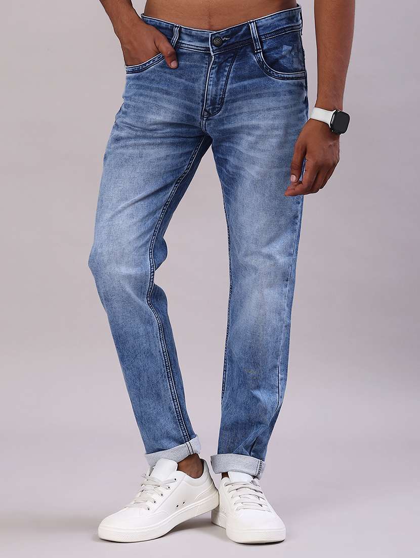 men washed mid rise full length jeans