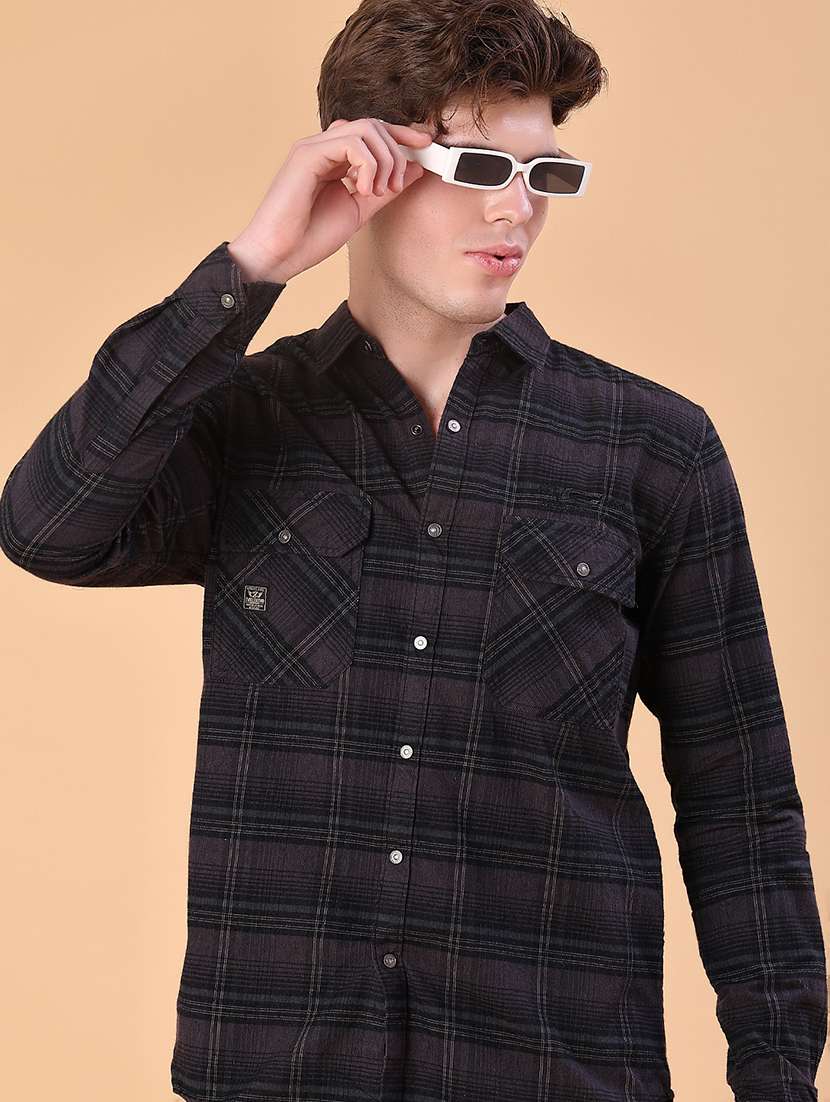 men checkered long sleeve slim fit casual shirt