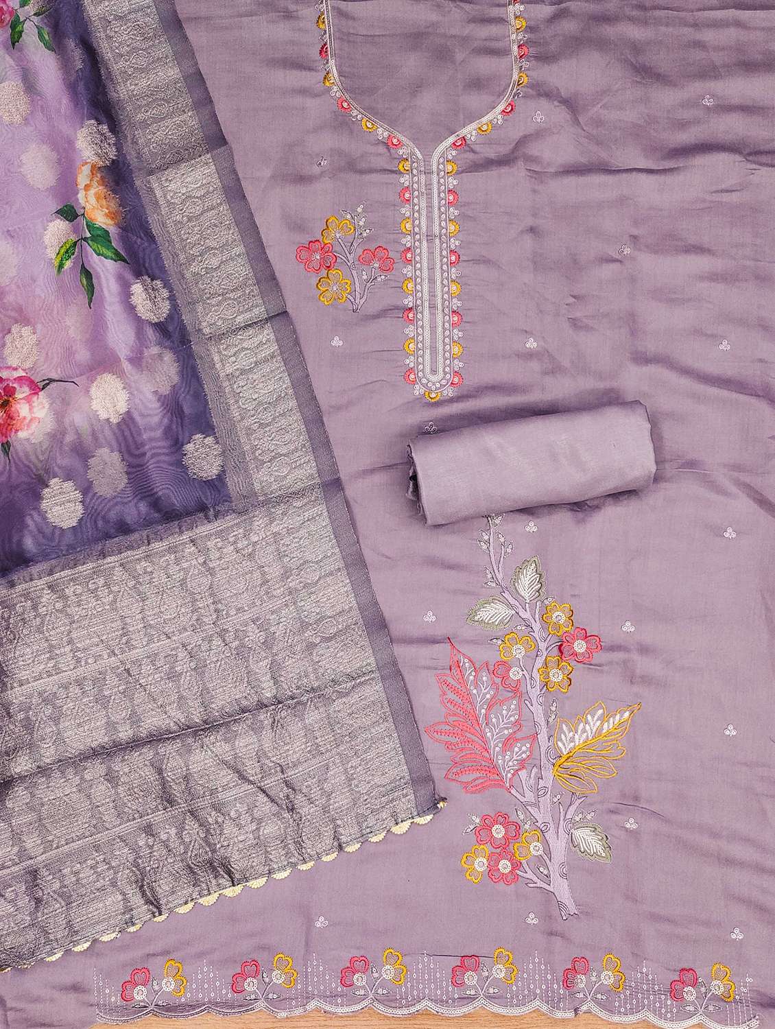 women solid with work embroidered unstitched suit set - 22022456 -  Standard Image - 3
