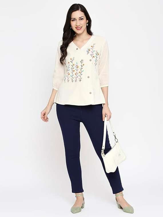 women embroidered three quarter sleeve ethnic top - 22022465 -  Standard Image - 3