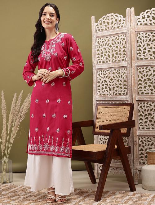 women chikankari three quarter sleeve straight kurta - 22022537 - Standard Image - 0