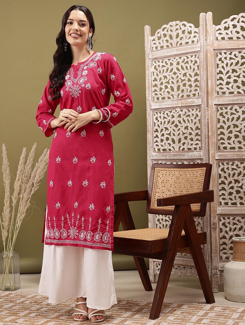 women chikankari three quarter sleeve straight kurta - 22022537 - Zoom Image - 0