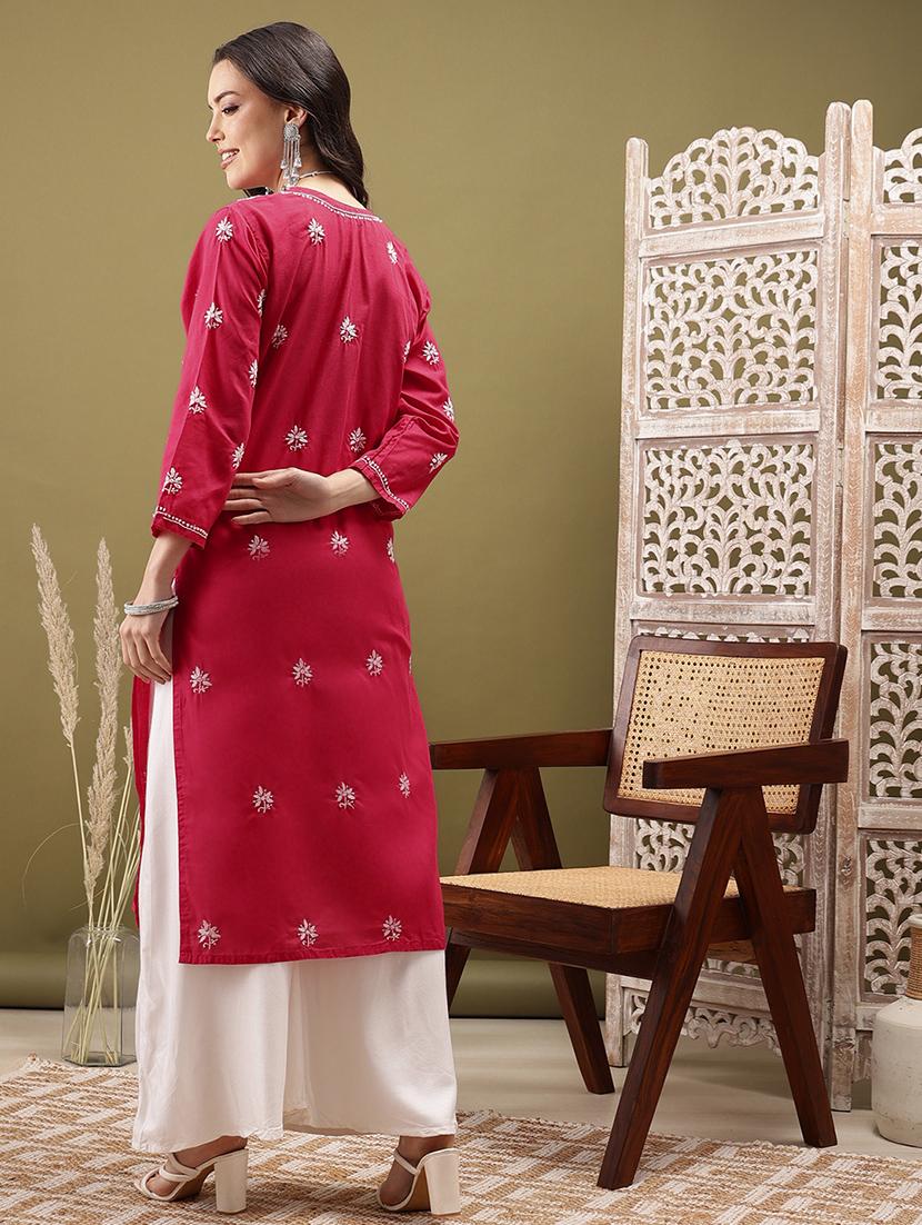 women chikankari three quarter sleeve straight kurta - 22022537 - Standard Image - 3
