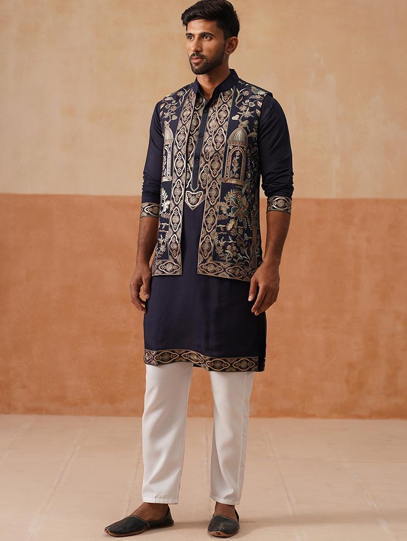 men embroidered mandarin collar nehru jacket