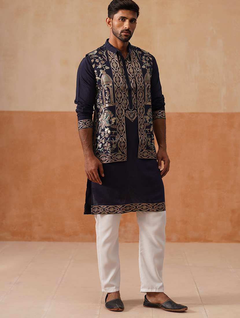 men embroidered mandarin collar nehru jacket - 22022550 -  Standard Image - 3