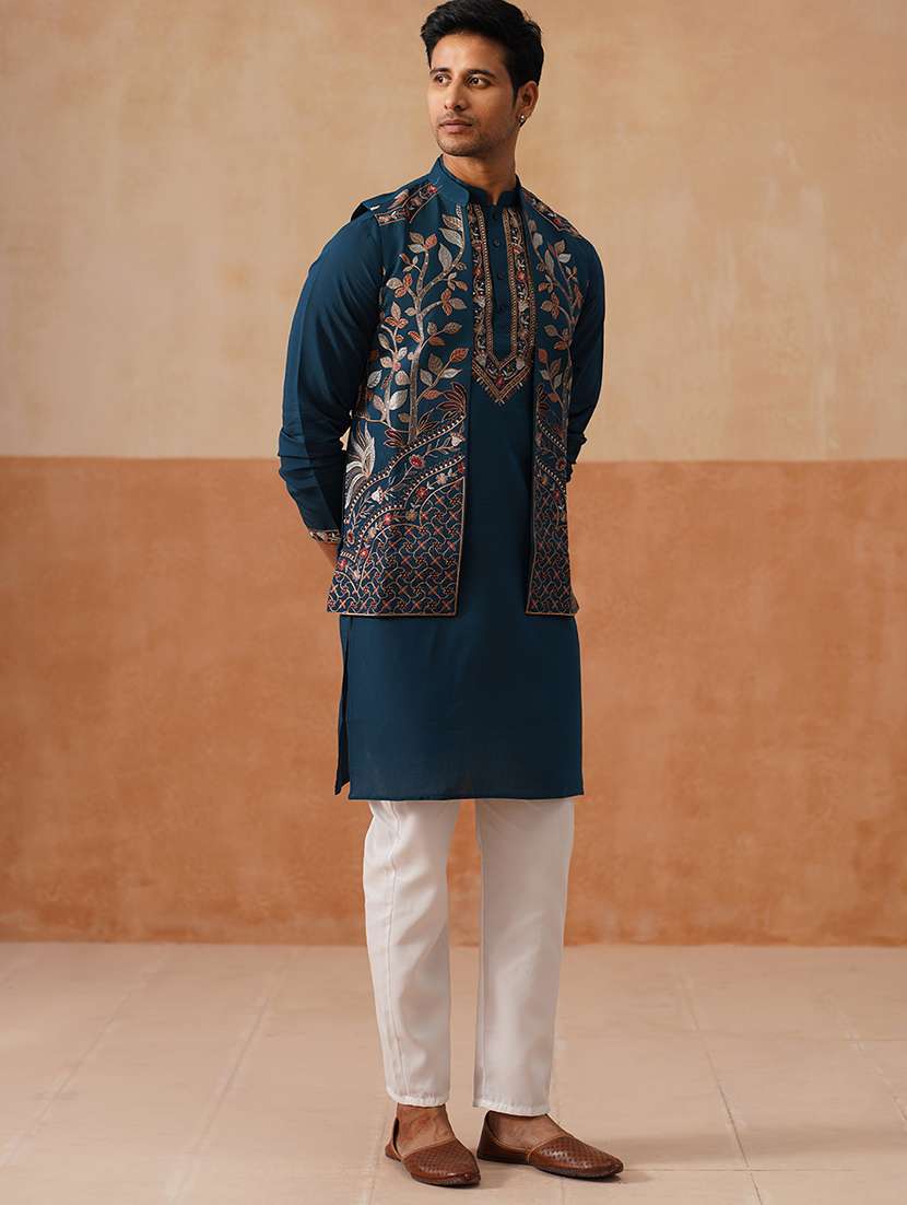 men embroidered mandarin collar nehru jacket - 22022553 -  Standard Image - 3