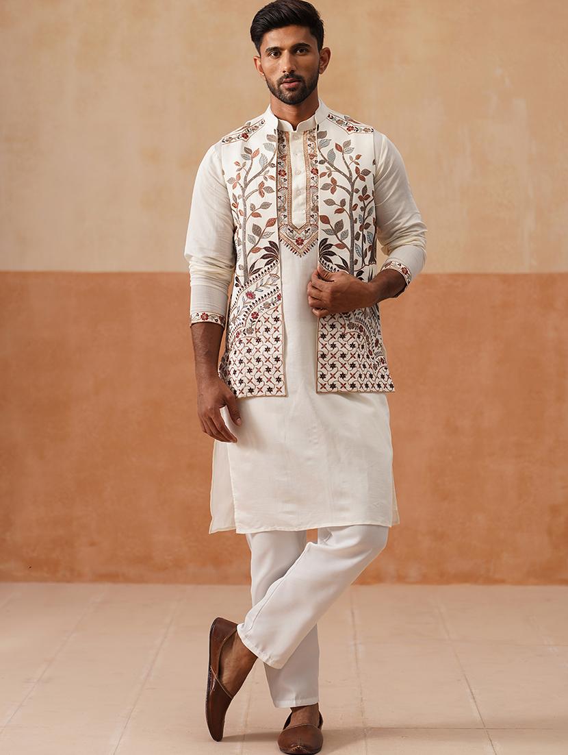 men embroidered mandarin collar nehru jacket