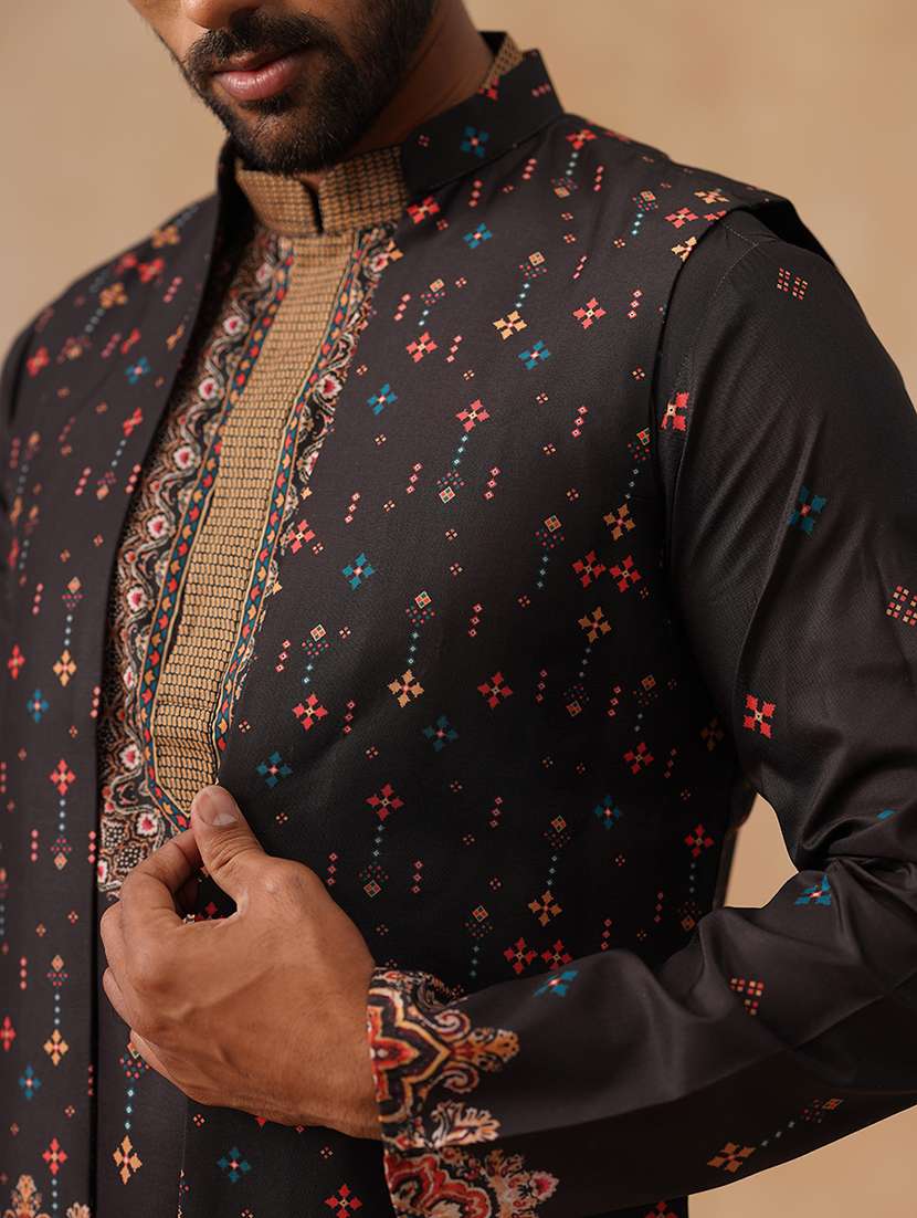 men black printde mandarin collar nehru jacket - 22022555 -  Standard Image - 5