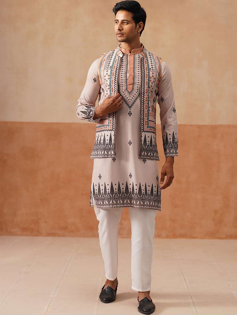 men printed mandarin collar nehru jacket