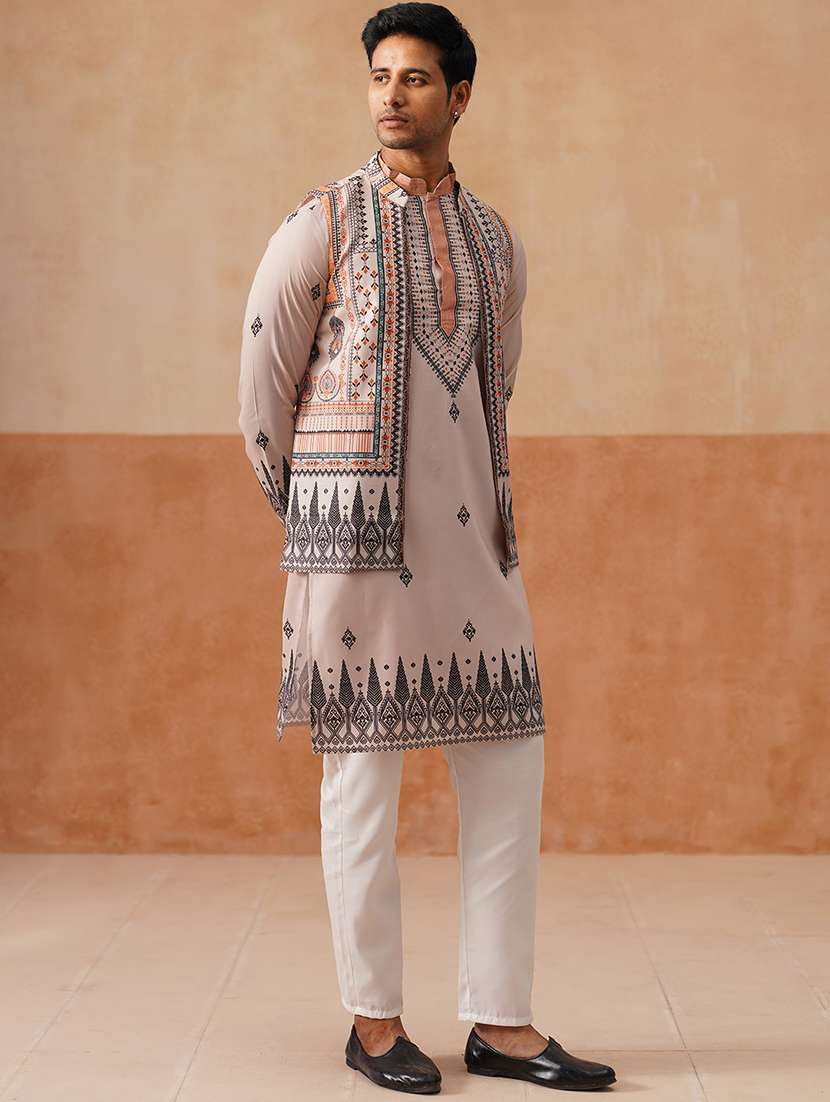 men printed mandarin collar nehru jacket - 22022556 -  Standard Image - 3