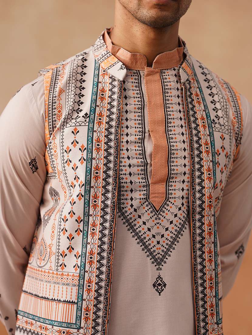 men printed mandarin collar nehru jacket - 22022556 -  Standard Image - 5