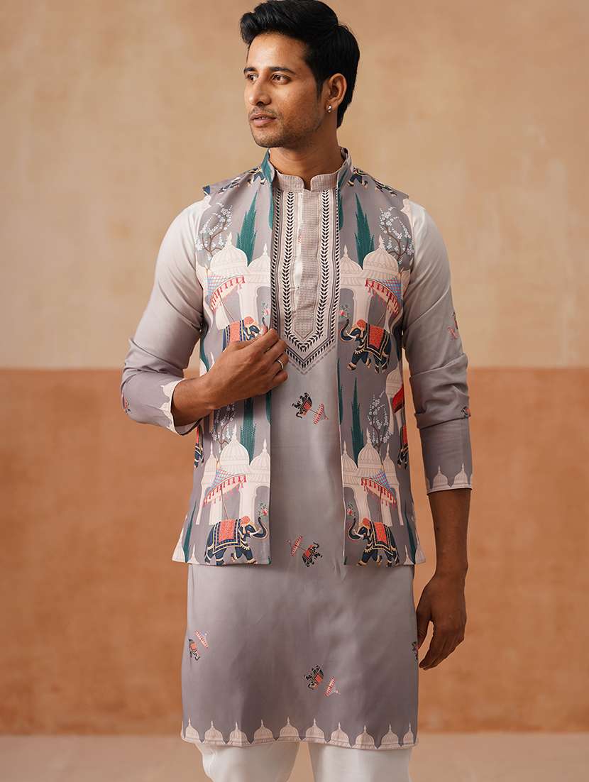 men printed mandarin collar nehru jacket - 22022557 -  Standard Image - 3
