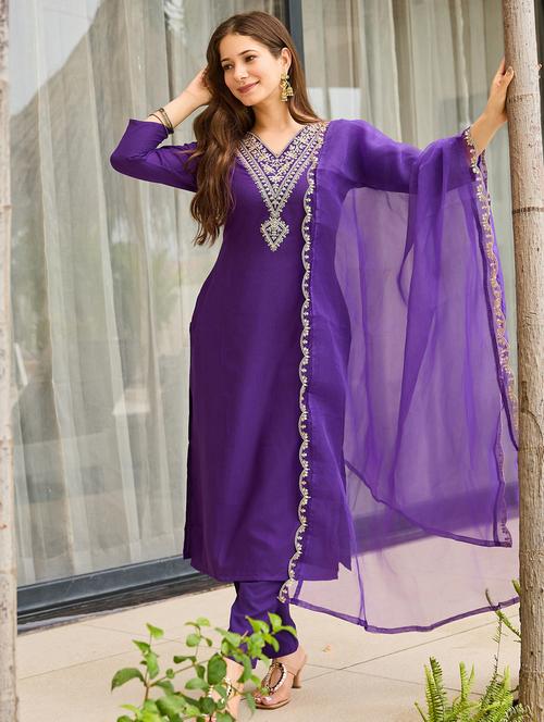 women embroidered three quarter sleeve kurta pant with dupatta set - 22022734 - Standard Image - 0