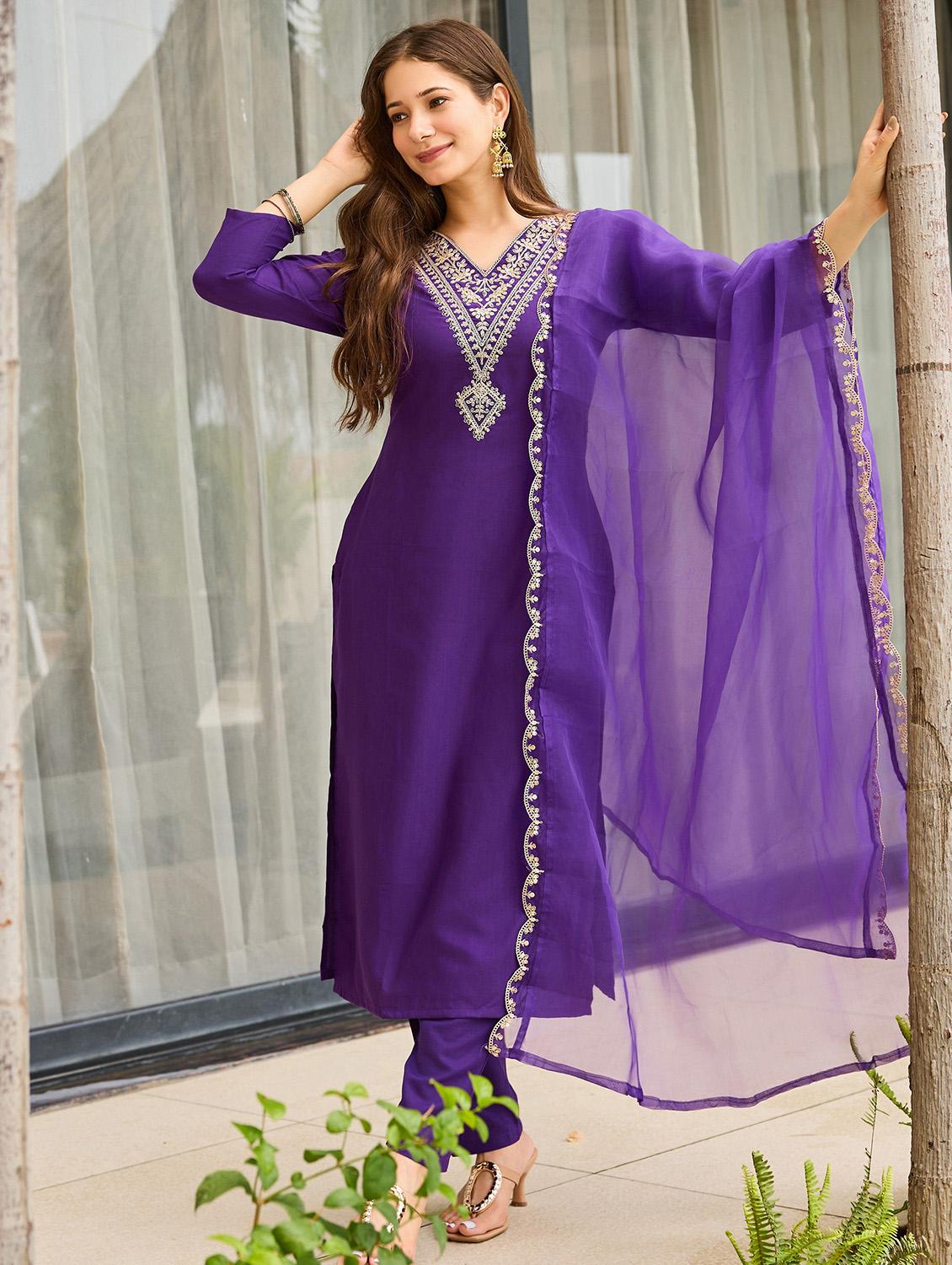 women embroidered three quarter sleeve kurta pant with dupatta set - 22022734 - Zoom Image - 0