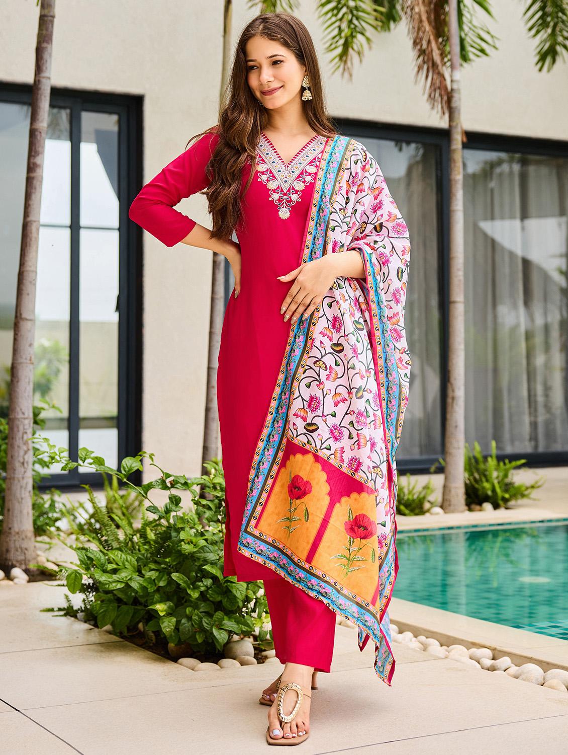 women embroidered three quarter sleeve kurta pant with dupatta set - 22022736 -  Zoom Image - 0