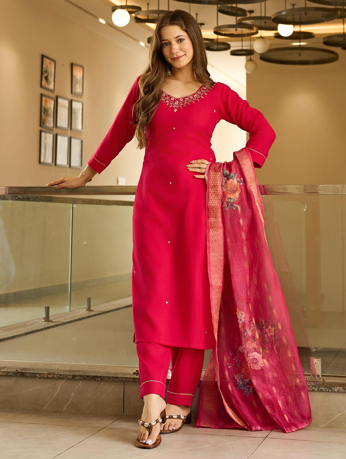 women embroidered three quarter sleeve kurta pant with dupatta set - 22022737 -  Zoom Image - 0