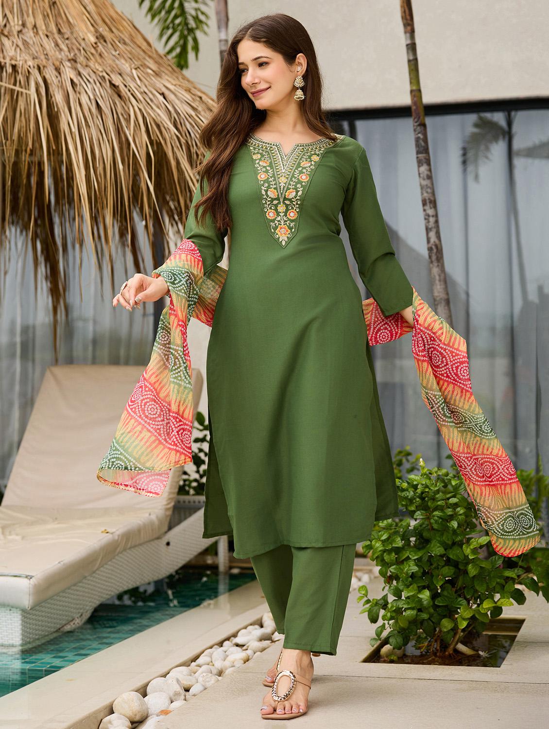 women embroidered three quarter sleeve kurta pant with dupatta set - 22022739 - Zoom Image - 0