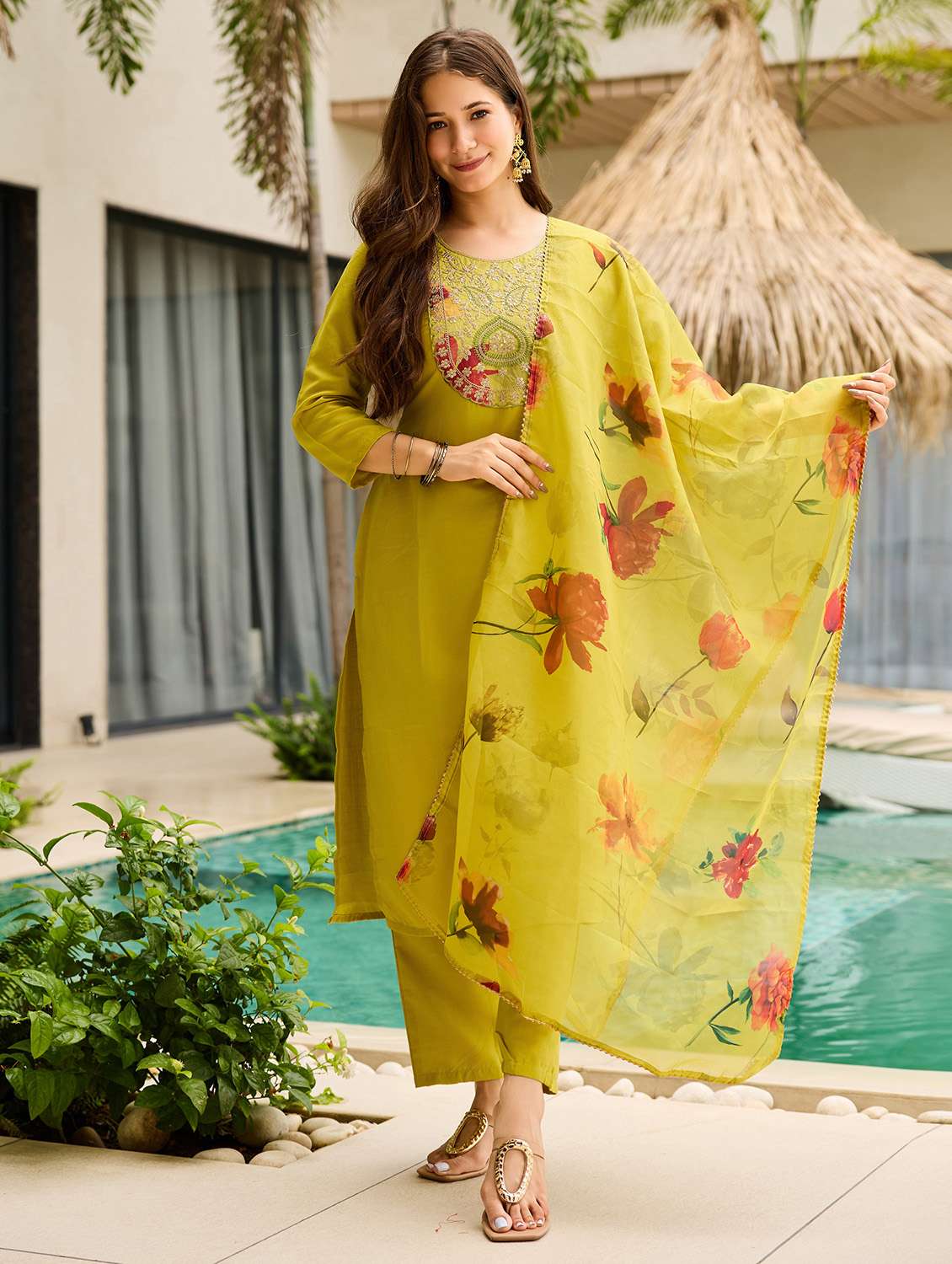 women embroidered three quarter sleeve kurta pant with dupatta set - 22022741 -  Zoom Image - 0