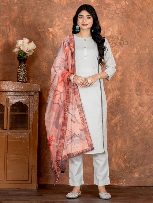 women solid three quarter sleeve kurta pant with dupatta set - 22022746 - Standard Image - 0