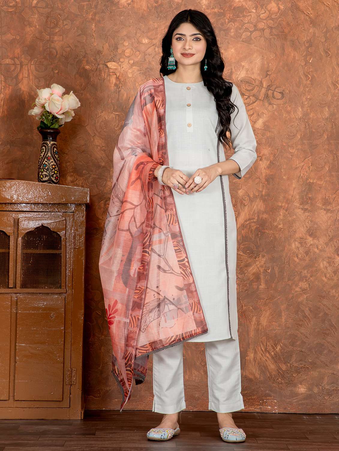 women solid three quarter sleeve kurta pant with dupatta set - 22022746 - Zoom Image - 0