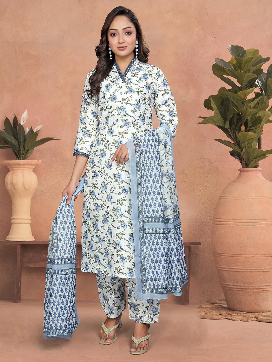 women floral three quarter sleeve kurta pant with dupatta set