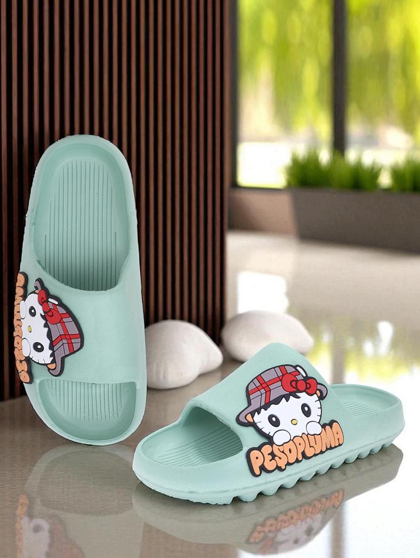green solid slides flats for women