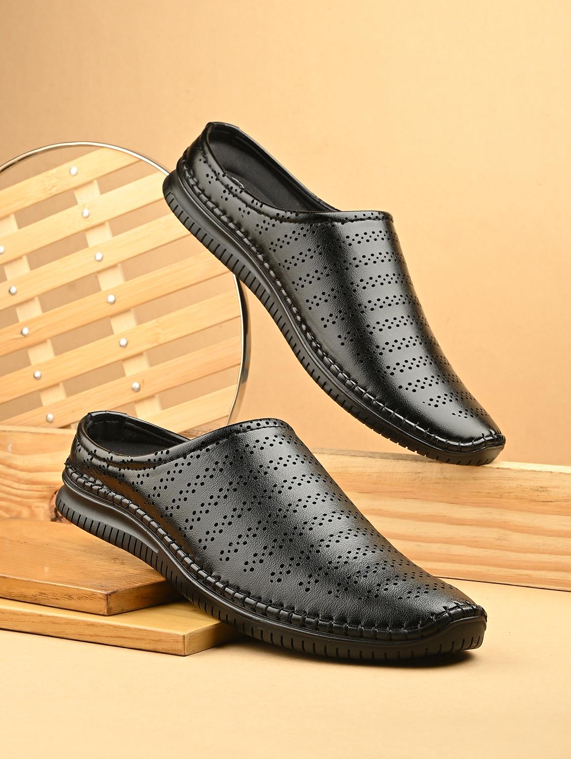 men solid black slip on mule