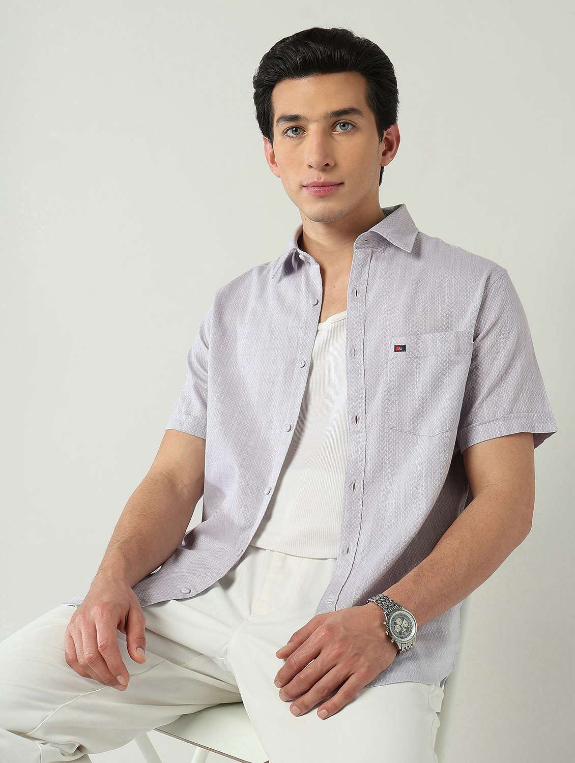 men self design short sleeve slim fit casual shirt