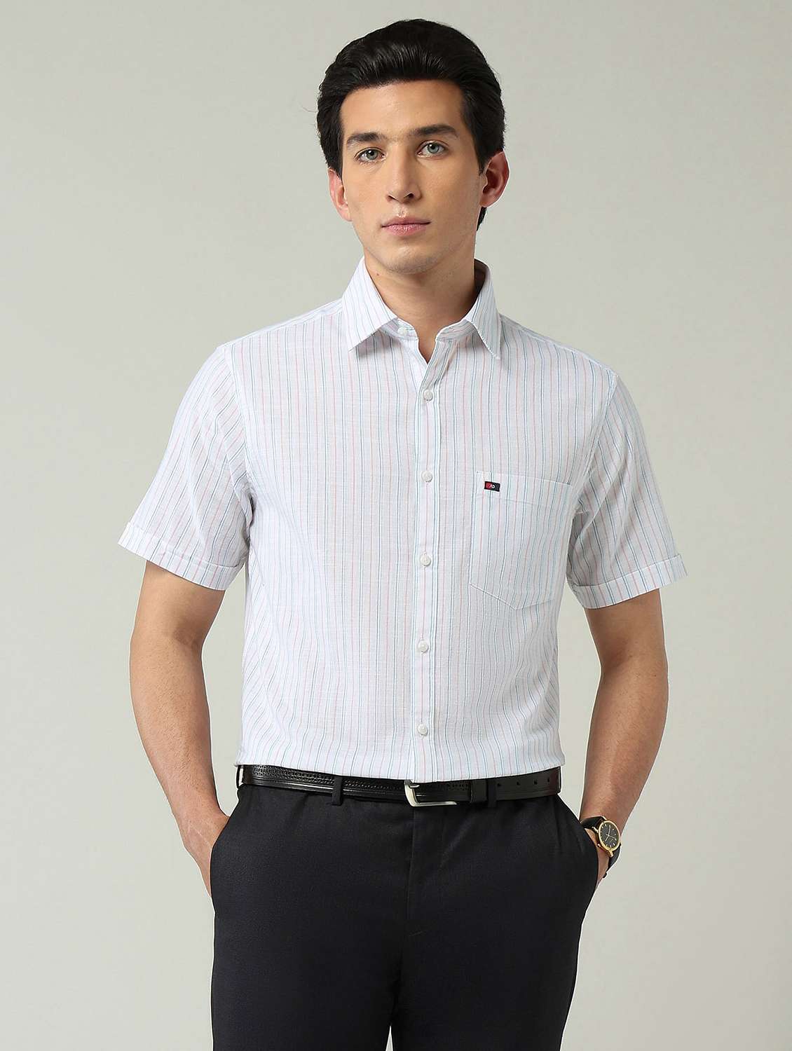 men striped short sleeve slim fit formal shirt