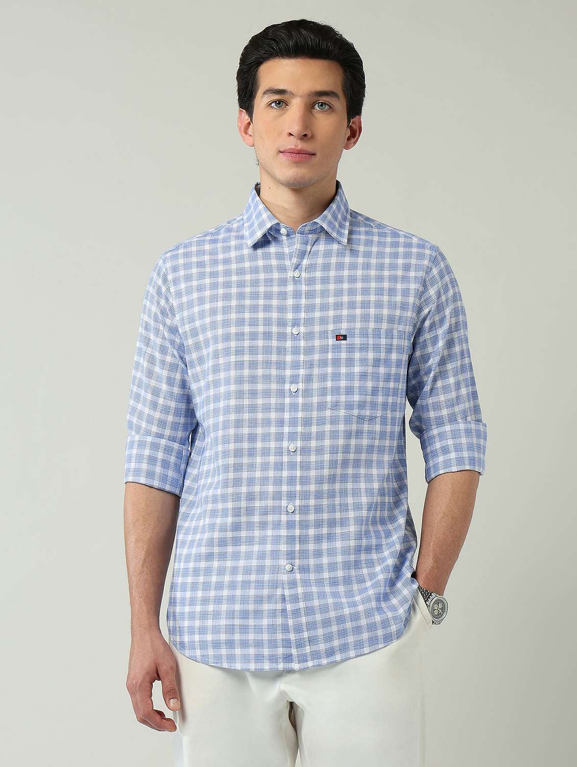 men checkered long sleeve slim fit casual shirt
