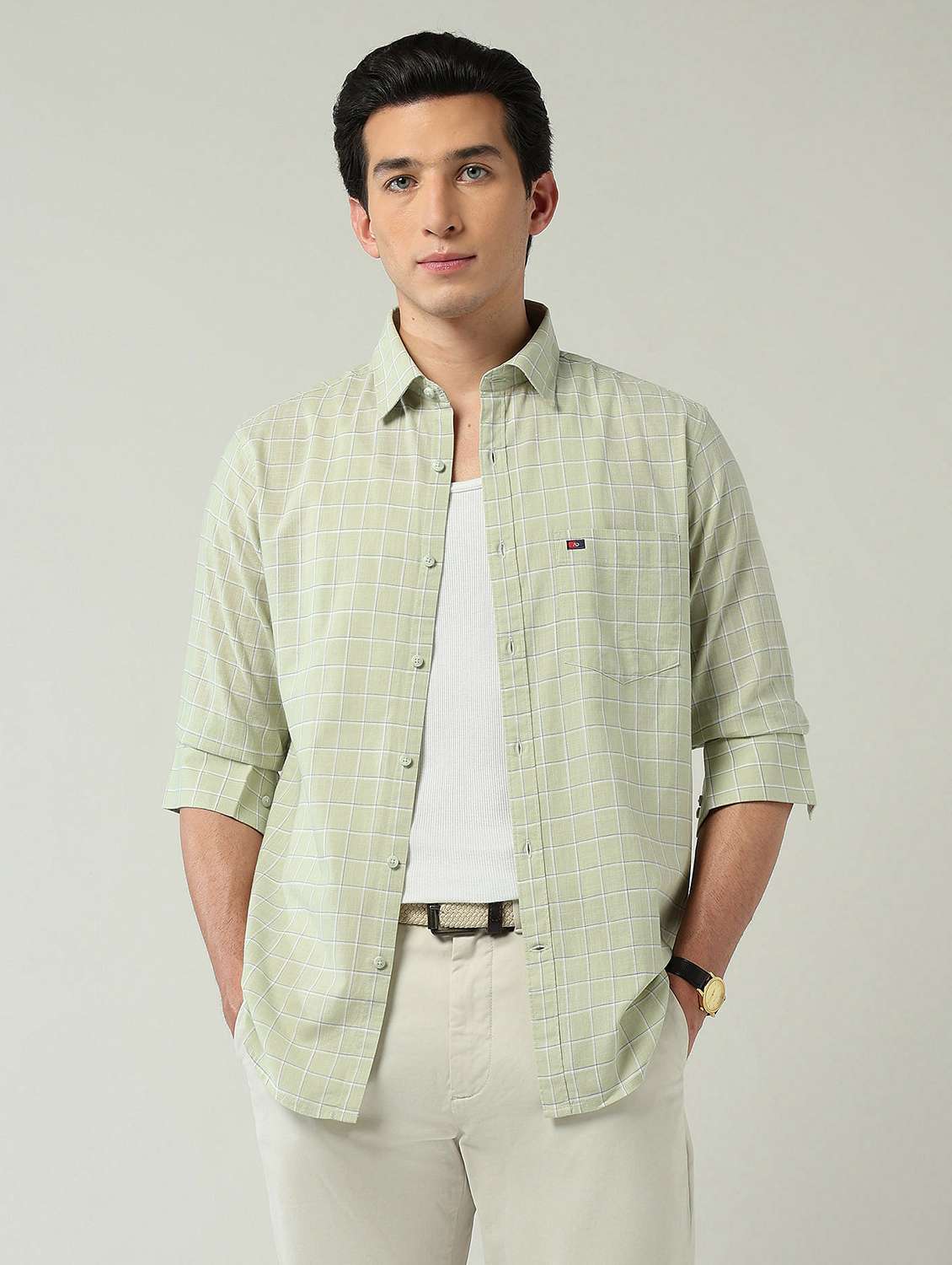 men checkered long sleeve slim fit casual shirt