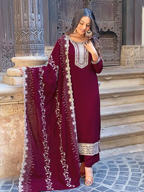 women embroidered three quarter sleeve kurta pant with dupatta set - 22024859 -  Standard Image - 0