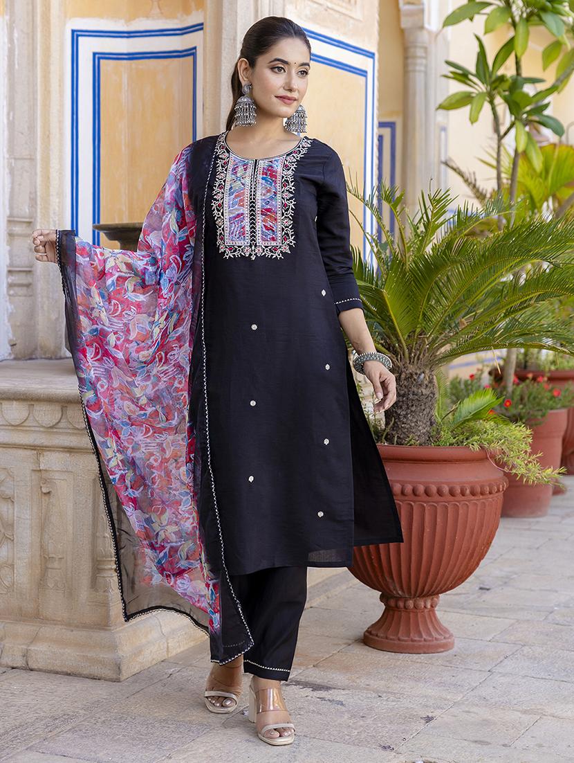 women embroidered three quarter sleeve kurta pant with dupatta set