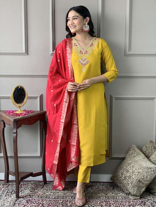 women embroidered three quarter sleeve kurta pant with dupatta set - 22024862 - Standard Image - 0