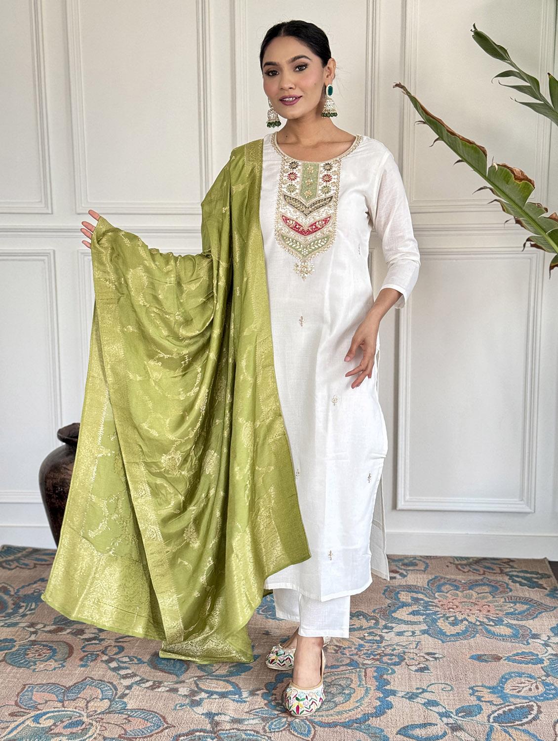women embroidered three quarter sleeve kurta pant with dupatta set