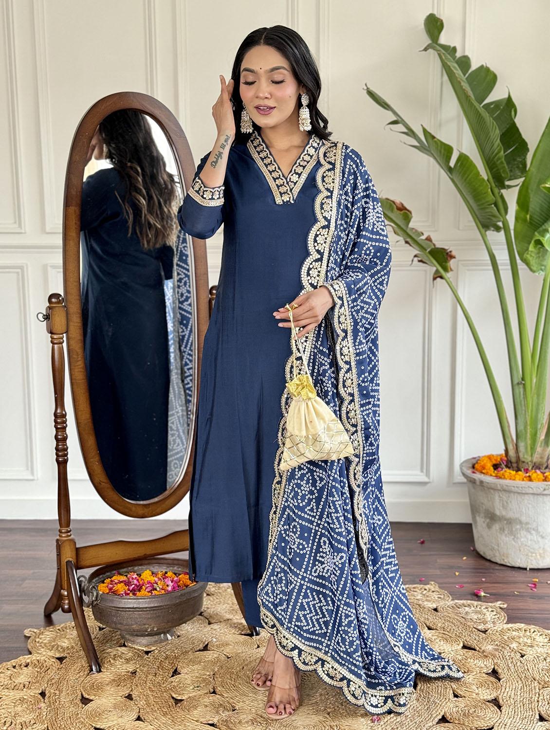women embroidered three quarter sleeve kurta pant with dupatta set