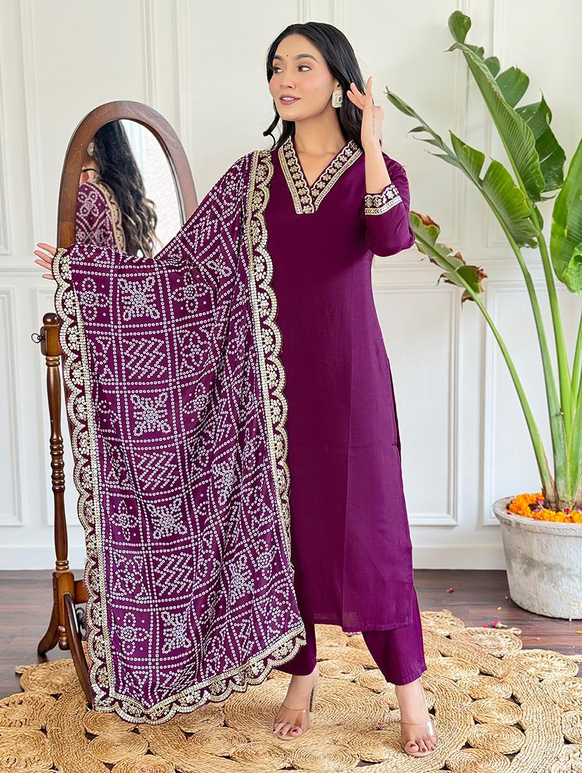 women embroidered three quarter sleeve kurta pant with dupatta set