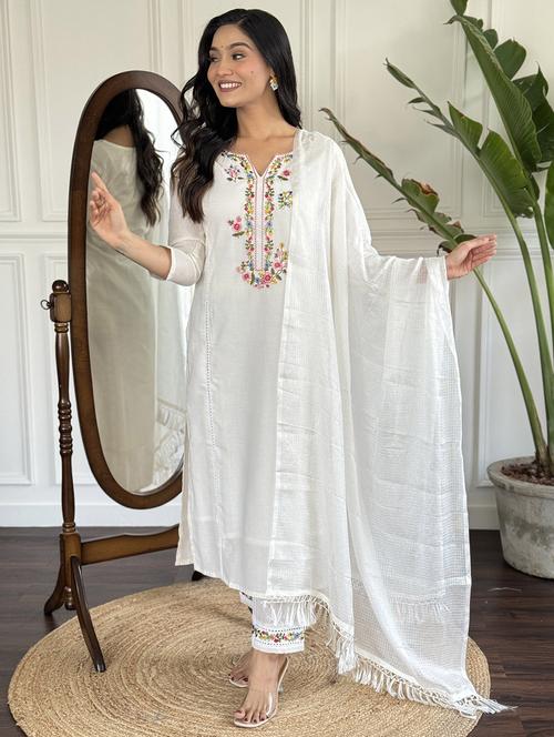 women embroidered three quarter sleeve kurta pant with dupatta set - 22024870 -  Standard Image - 0