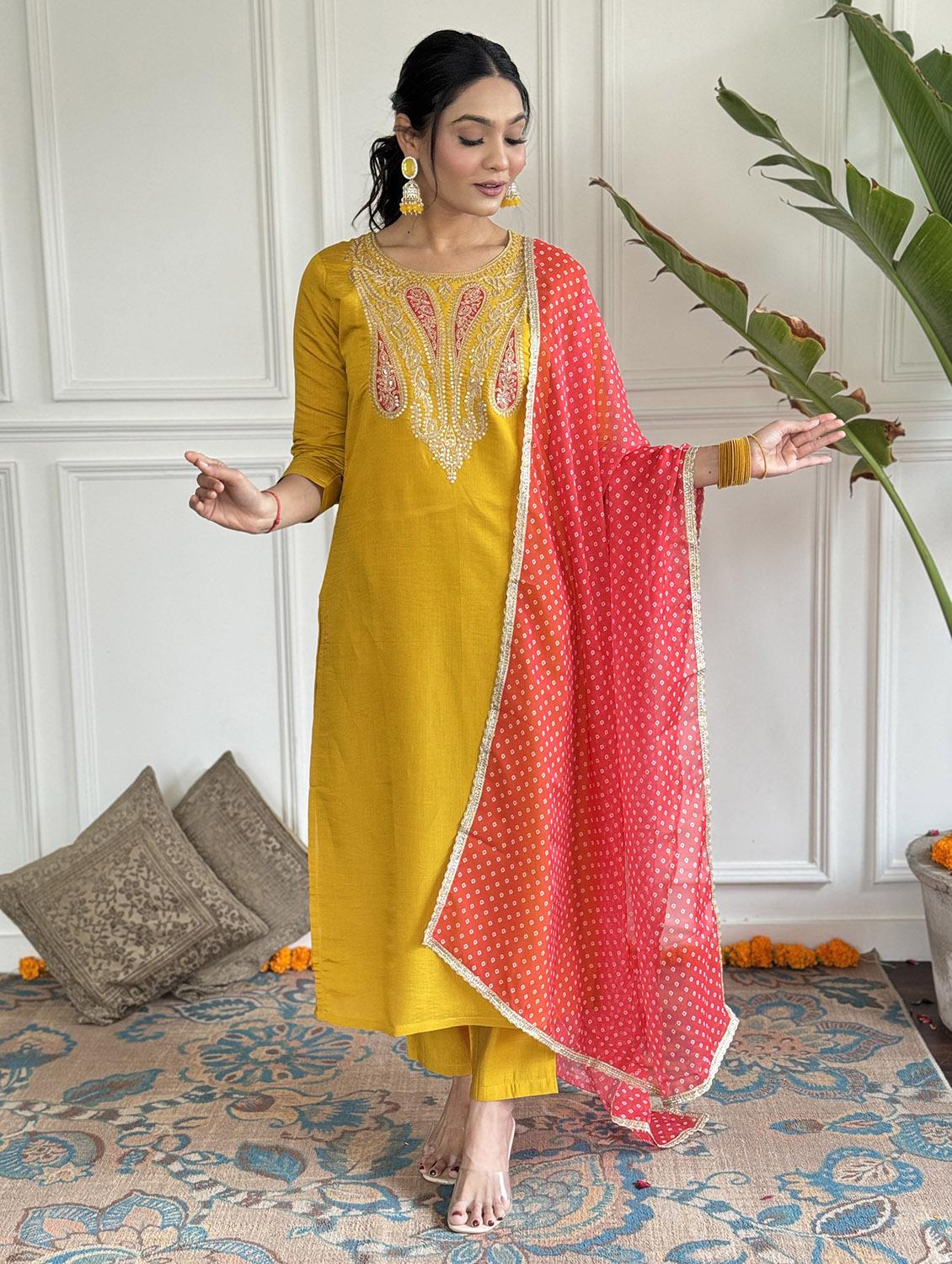 women embroidered three quarter sleeve kurta pant with dupatta set - 22024873 - Zoom Image - 0