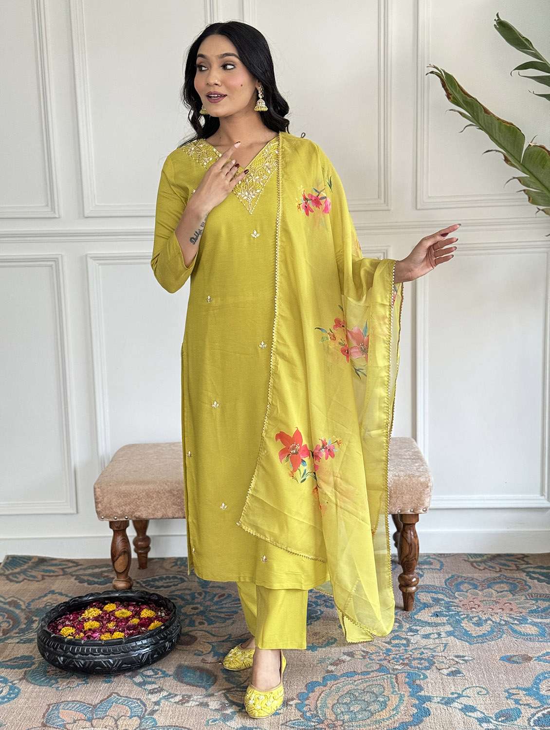 women embroidered three quarter sleeve kurta pant with dupatta set - 22024874 - Zoom Image - 0