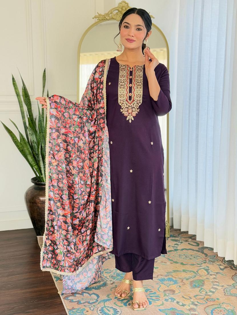women embroidered three quarter sleeve kurta pant with dupatta set