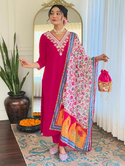 women embroidered three quarter sleeve kurta pant with dupatta set - 22024877 - Standard Image - 0